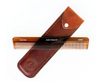 Tortoise Shell Hand Cut Acetate Comb w/ Harness Leather Case | ARTIFACT