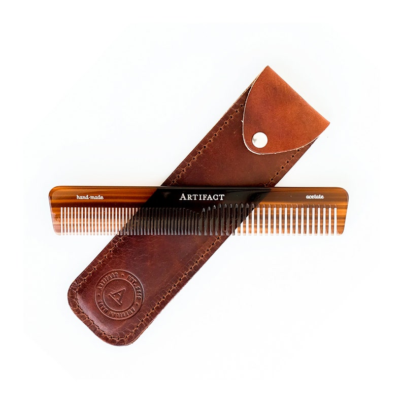 Tortoise Shell Hand Cut Acetate Comb w/ Harness Leather Case ARTIFACT Bourbon