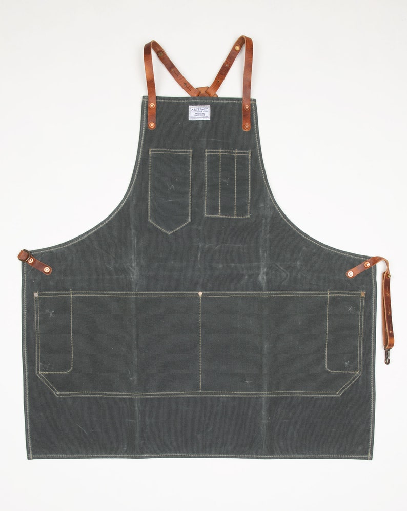 Workshop Apron w/ Leather Y-Strap ARTIFACT Handmade in Omaha, NE Slate Wax Canvas