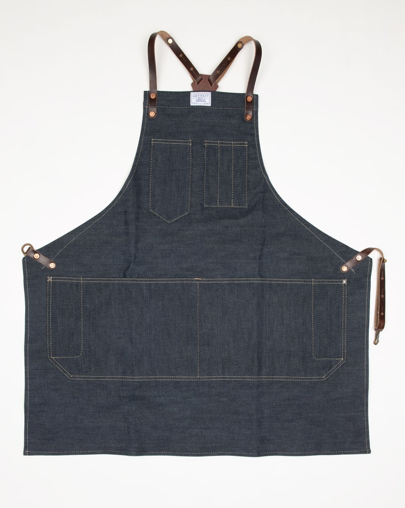 Workshop Apron w/ Leather Y-Strap ARTIFACT Handmade in Omaha, NE Indigo Denim