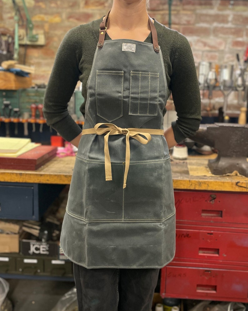 Workshop Apron in Waxed Canvas w/ Removable Leather Strap ARTIFACT Handmade in Omaha, NE image 2