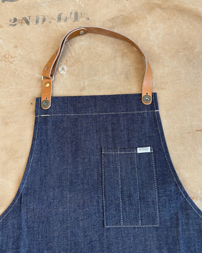 Workshop Apron in Waxed Canvas w/ Removable Leather Strap ARTIFACT Handmade in Omaha, NE Cone Denim