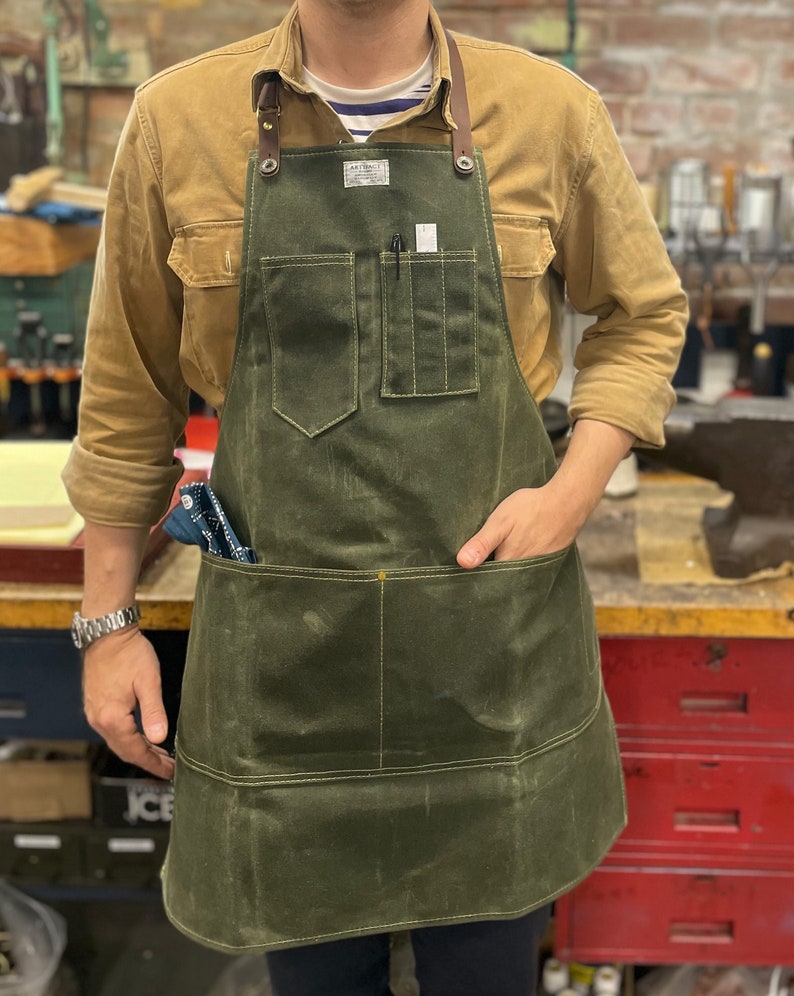 Workshop Apron in Waxed Canvas w/ Removable Leather Strap ARTIFACT Handmade in Omaha, NE image 1