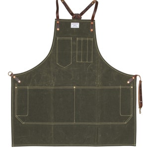 Workshop Apron w/ Leather Y-Strap ARTIFACT Handmade in Omaha, NE Olive Wax Canvas