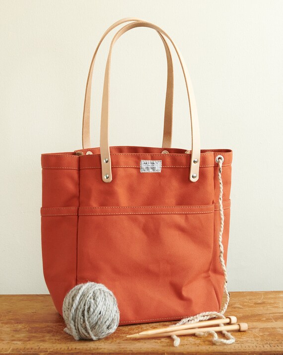 Knitting Crochet Project Tote Bag W Leather Straps ARTIFACT