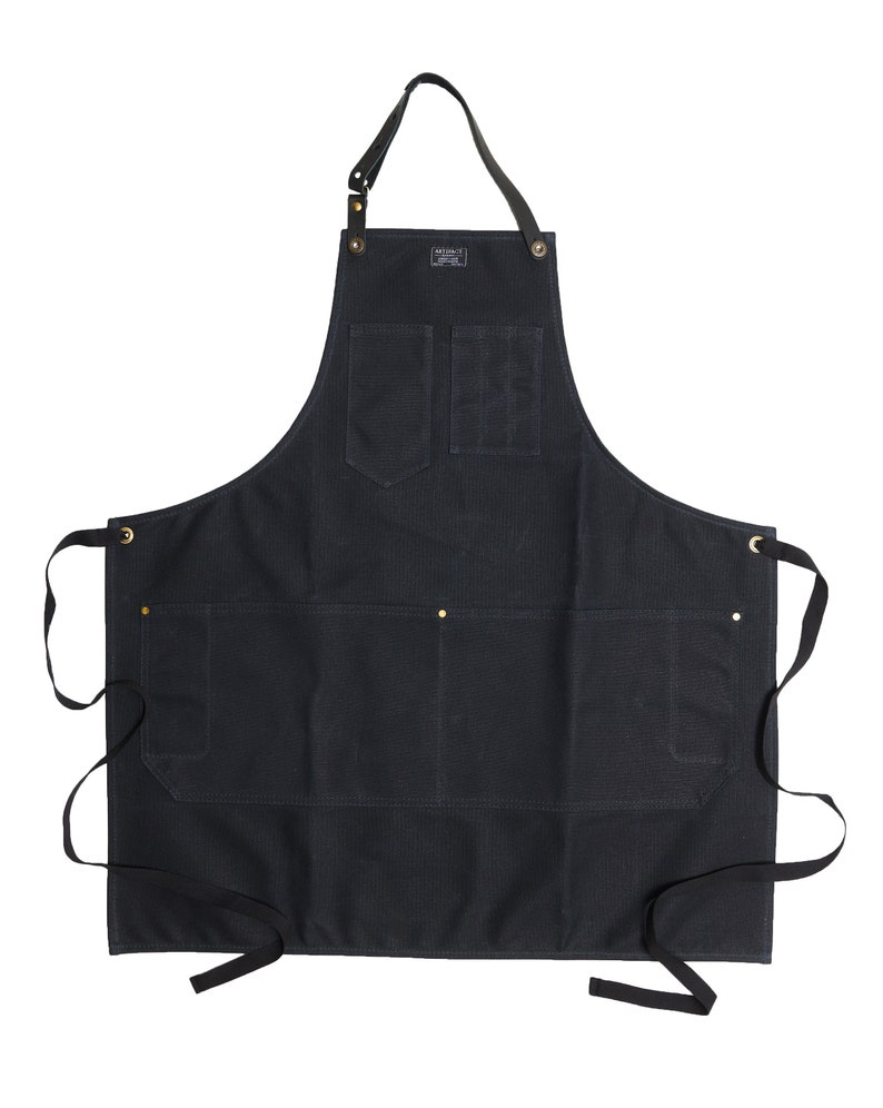Workshop Apron in Waxed Canvas w/ Removable Leather Strap ARTIFACT Handmade in Omaha, NE Black Wax