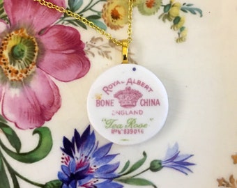 Pink Tea Necklace, Broken China Jewelry, Vintage Royal Albert China Backstamp Pendant, Handmade Medallion Style Necklace