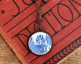Broken China Boho Pendant Necklace, Vintage Blue Willow China Wooden Set Sliding Cord Statement Necklace, Handmade Gift For Her Him Them