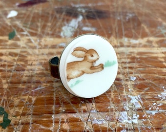 Broken China Bunnykins Ring, Vintage Royal Doulton Statement Ring, Adjustable Ring, Handmade Bunny Rabbit Jewelry