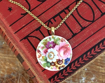 Floral Pendant Necklace, Broken China Pendant, Handmade Medallion Style Pendant, Vintage Hammersley Bone China Statement Necklace