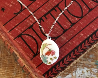 Floral Pendant Necklace, Vintage Broken China Free Form Pendant, Bone China Handmade Jewelry