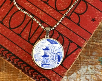 Broken China Blue Willow Pendant Necklace, Vintage Chinoiserie Statement Pendant, Handmade Gift For Her Him Them