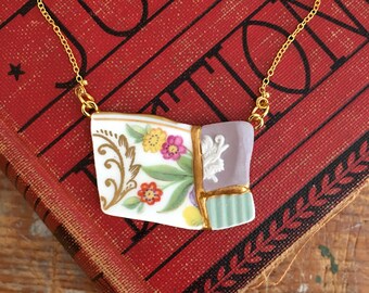 Kintsugi Pendant Necklace, Broken China Jewelry, Vintage China Pendant, Handmade Wedgewood Jasperware and Hammersley Statement Necklace