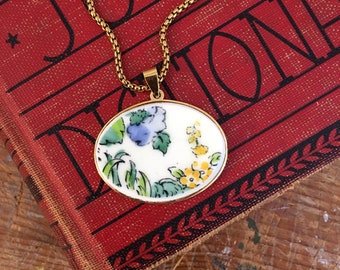 Floral Pendant Necklace, Vintage Hollyhock Broken China Pendant, Crown Staffordshire Antique Bone China Jewelry, Handmade Gift For Her