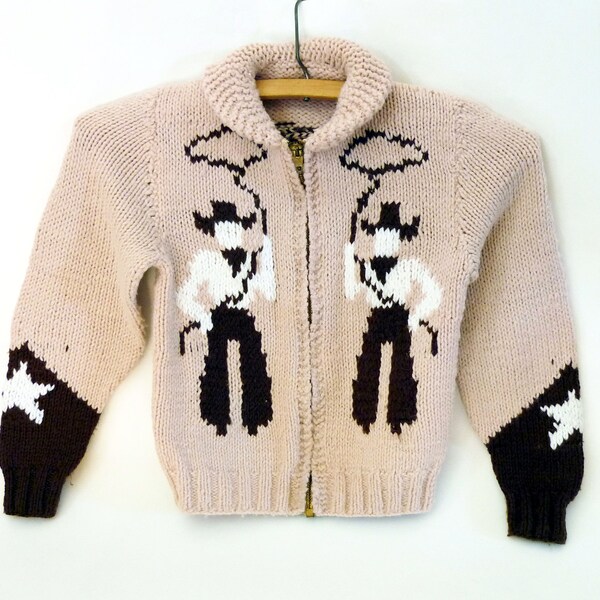 cowboy cardigan - 1950s - childs vintage cowichan style sweater with cowboy motif