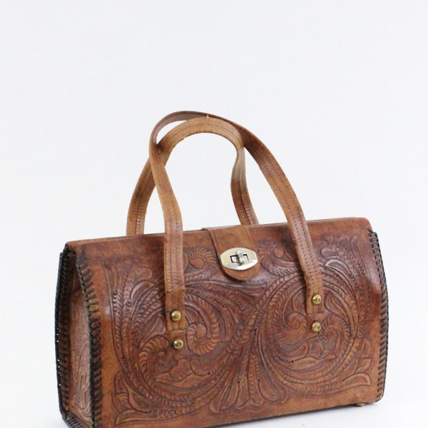 tooled leather purse-  60s tooled leather bag - 1960s handbag