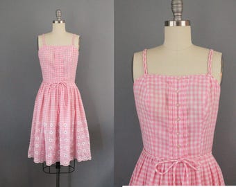 pink and white gingham 50s dress - vintage 1950s full skirt eyelet dress - 60s - cotton summer dress