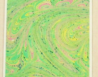 SSC129  Note Card of Hand Marbled Silk in Green, Pink and Yellow. Free Shipping!