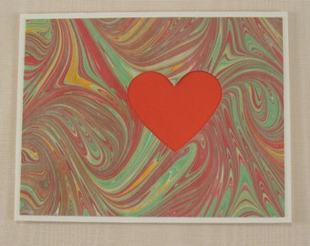 SHC114  Hand crafted marbled silk Heart Card in classic Red with swirls of emotion.