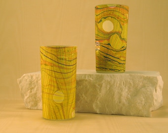 Tall Votive Candle holders of Hand Marbled Silk in and over-marbled pattern of Greens and Yellows.