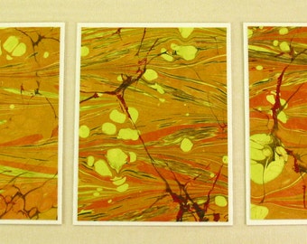 Note Cards SCST110  Set of Three Hand Marbled Silk Note Cards in Orange, Chartreuse, and Deep Red from Brooklyn Marbling