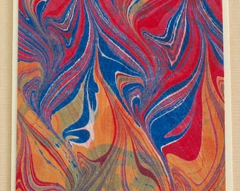 SSC130  Note Card of Hand Marbled Silk in Red, Blue and Orange. Free Shipping!