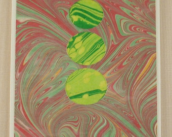BC106  Hand Marbled Silk Bubbles of green and yellow float through a red sky.