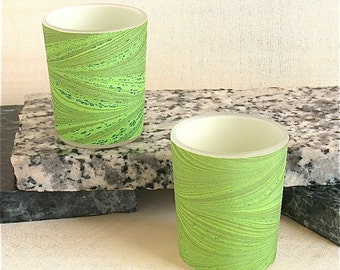 Kelly green feathery hand marbled silk wrapped round a votive for tea lights or votive candles