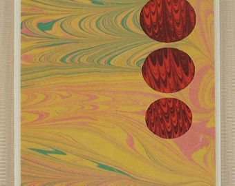 BC108  Hand Marbled Silk Bubbles in bold red pop out of a pastel sky.