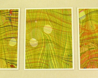 Note Cards SCST111  Set of Three Hand Marbled Silk Note Cards in Chartreuse, Green, and Orange from Brooklyn Marbling