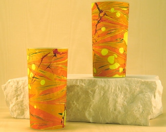 Tall Votive Candle holders of Hand Marbled Silk in vibrant Reds and Yellows!