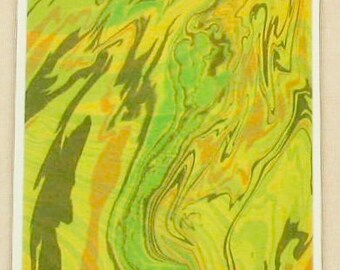 SSC124 Note Card of Hand Marbled Silk in Yellows, Greens and Black . Free Shipping!