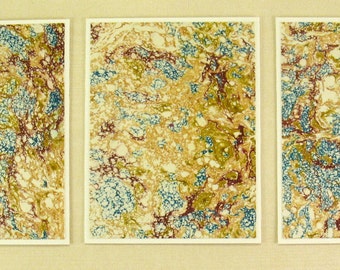 Note Cards  SCST106  Set of Three Hand Marbled Silk Note Cards in Blues and Browns from Brooklyn Marbling