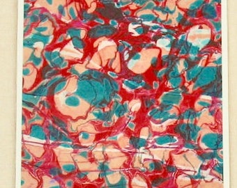 SSC131  Note Card of Hand Marbled Silk in Red, Turquoise and Peach. Free Shipping!