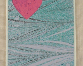SHC118  Marbled Pink Heart Card surrounded by a Blue Lagoon splahes up to says "I Love You!"