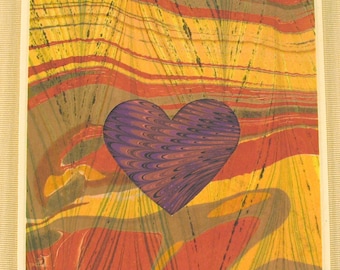 SHC110  Hand crafted marbled silk Heart Card says "I love you" in russet tones.