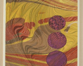 BC111  Hand Marbled Silk Bubbles of Purple pop out of an Autumn sunset.