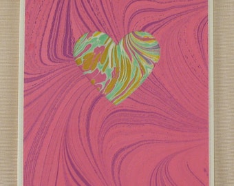 SHC101  Heart card of pink and lavender marbled swirls with a hand-cut marbled heart. Free shipping