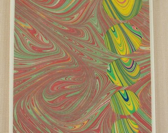 BC105  Hand Marbled Silk Bubbles in swirls of yellow surrounded by swirls of red and green