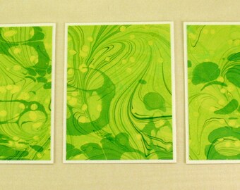 Note Cards SCST103  Set of Three Hand Marbled Silk Note Cards in Chartreuse and Greens  from Brooklyn Marbling