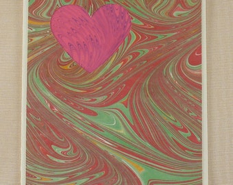 SHC106  Marbled Pink Heart Card surrounded by a swirls of Red and Green leaps up to say "I Love You!"