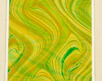 SSC135  Note Card of Hand Marbled Greens and Yellows. Free Shipping!