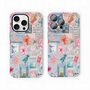 Coque de portable collage estival européen, coque de scrapbooking vacances Mediterran, esthétique preppy pour iPhone 15 14 13 12 Pro Max Plus S23 S22, coque à fleurs