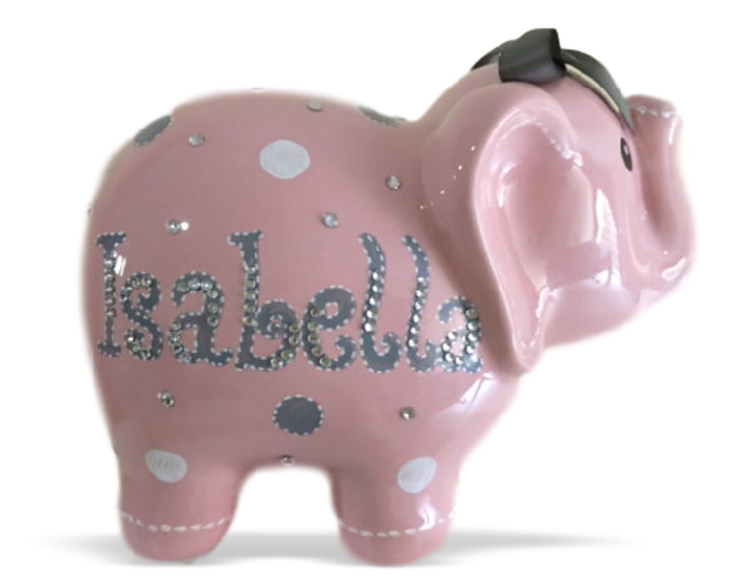 Personalized Large Elephant Piggy Bank Pink White & Gray Polka Etsy