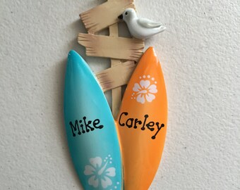 Surfboards Personalized Beach Ornament Family of Two Party Favor -couple, grandkids,friends - Gift tag Wedding Anniversary Newborn gift