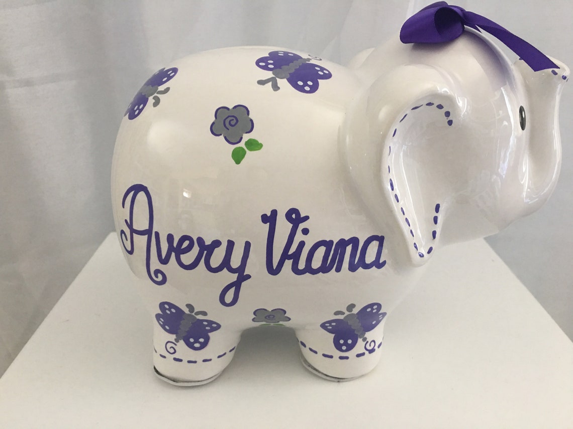 Personalized Large Elephant Piggy Bank Flower Butterfly Grey/ Etsy