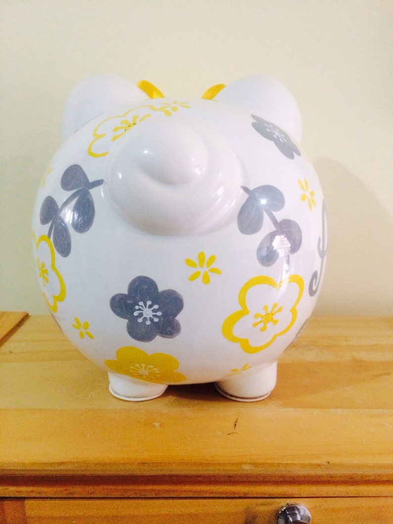 Personalized Large Yellow/ Grey Flowers Piggy Bank Newborns Etsy