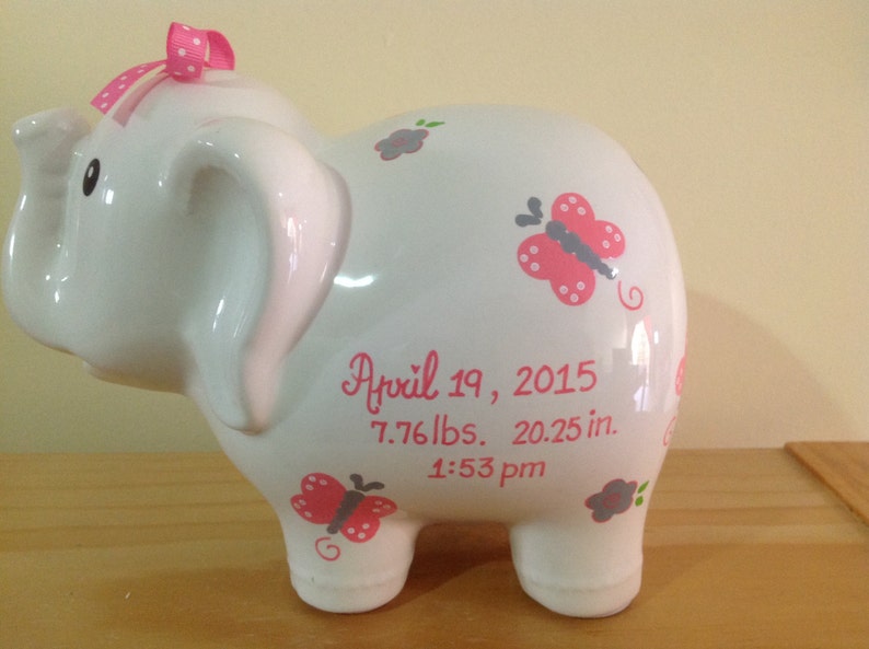 Personalized Large Elephant Piggy Bank Flowers Butterfly Grey/ Etsy