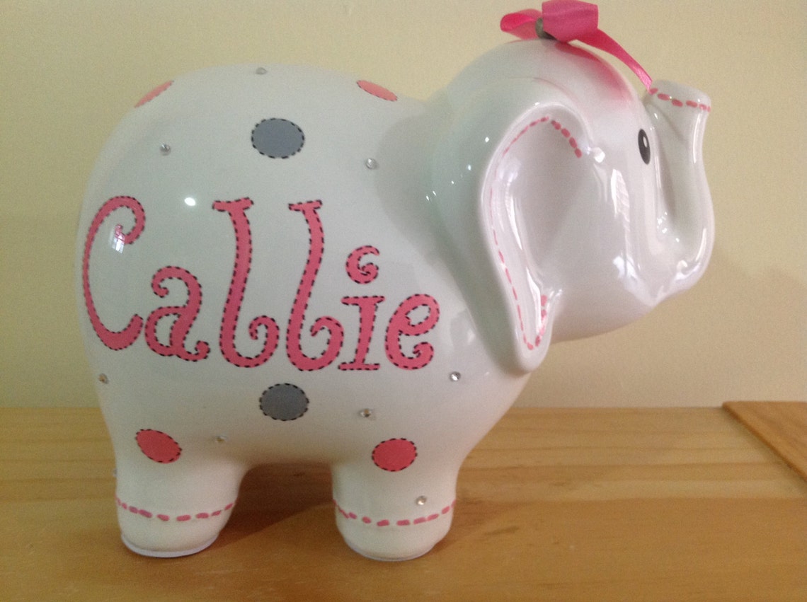 Personalized Large Elephant Piggy Bank Pink / Grey Polka Dots Etsy