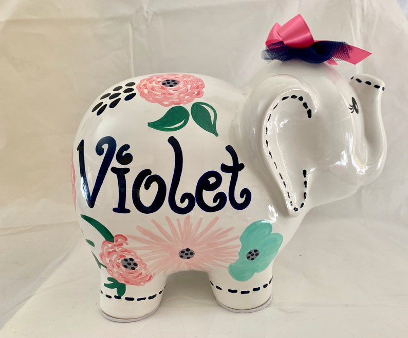 Personalized Large Elephant Piggy Bank Shabby Chic Pink Navy Etsy
